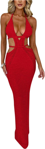 Women Sexy Crochet Maxi Dress Cut Out Halter V Neck Backless Knit Bodycon Long Dress Summer Beach Evening Party Dresses