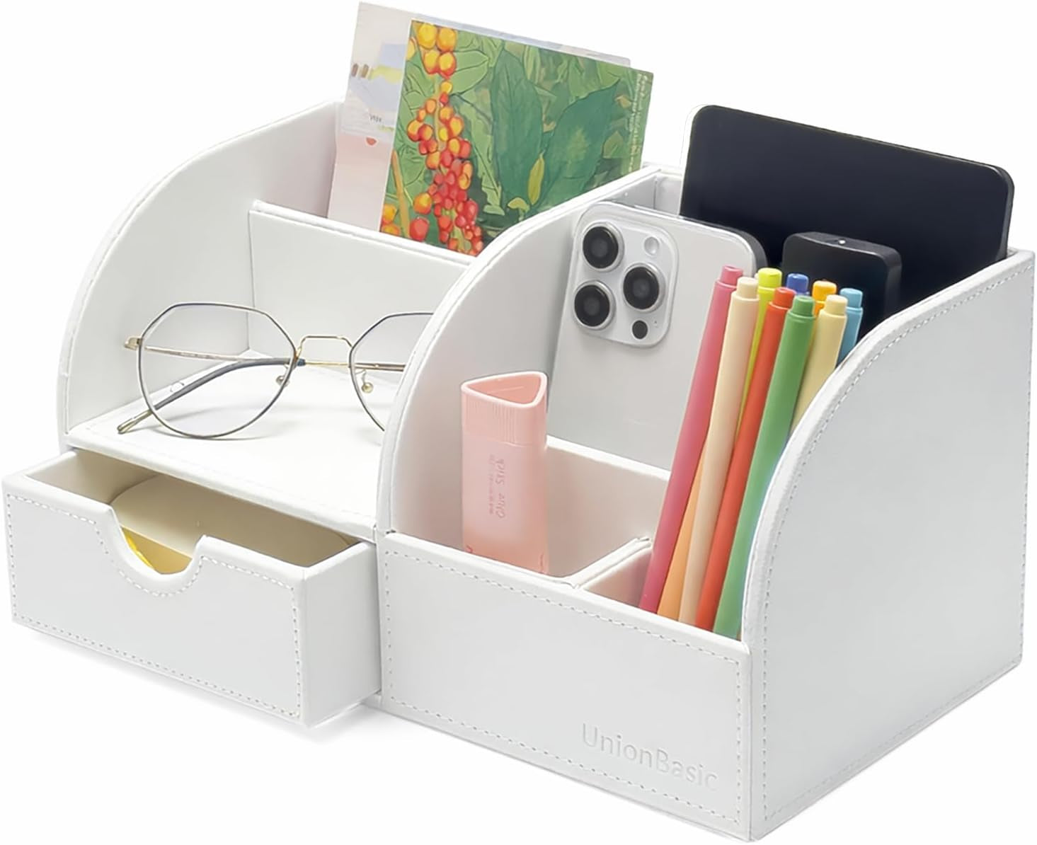 Desk Organizer - Multifunctional Leather Desktop Pen Holder Storage Box - Business Card/Pen/Pencil/Mobile Phone/Stationery Holder, White