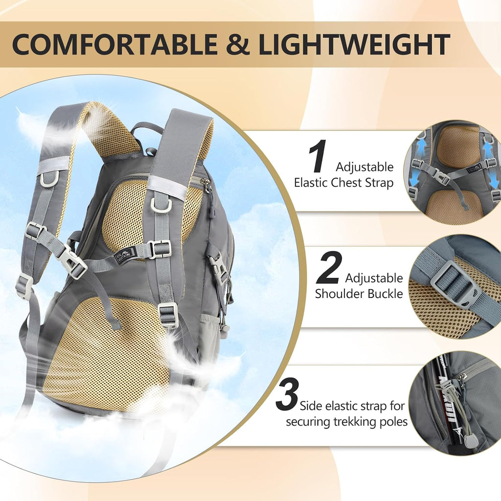 Small Hiking Backpack with Rain-Cover, 20L Travel Backpacks for Women Men, Camping Daypack Backpacks Lightweight, Durable Hiking Backpack Fit for Camping, Daily Commuting, Short Trips (Grey)