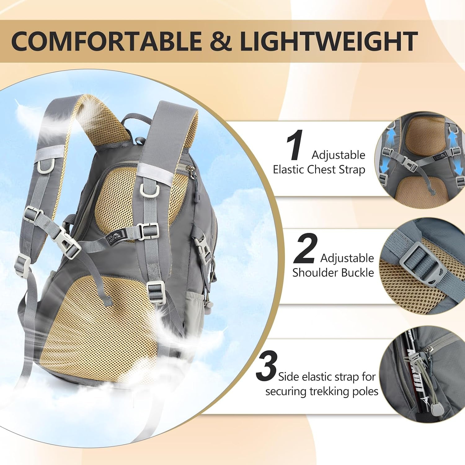 Small Hiking Backpack with Rain-Cover, 20L Travel Backpacks for Women Men, Camping Daypack Backpacks Lightweight, Durable Hiking Backpack Fit for Camping, Daily Commuting, Short Trips (Grey)