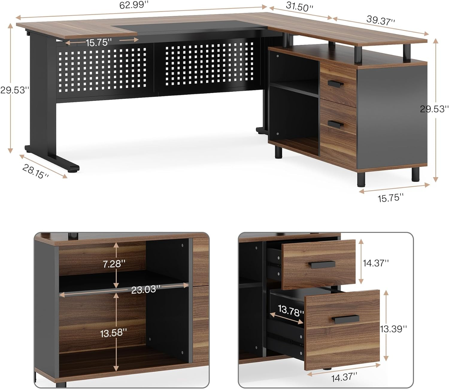 63 Inch Executive Desk with File Cabinet, Large Office Desk L Shaped Computer Desk with Drawers and Storage Shelves, Business Furniture Desk Workstation for Home Office, Brown and Black