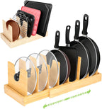 Pots and Pans Organizer for under Cabinet - Expandable Bamboo Pot Lid Organizer, Pan Organizers inside Cabinet, Drawer Pot Lid Holder Rack for Kitchen Organization and Storage