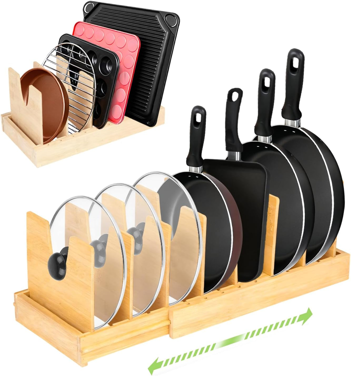 Pots and Pans Organizer for under Cabinet - Expandable Bamboo Pot Lid Organizer, Pan Organizers inside Cabinet, Drawer Pot Lid Holder Rack for Kitchen Organization and Storage