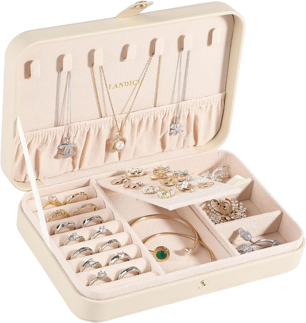 Small Jewelry Box for Women Girls, PU Leather Travel Jewelry Case, Portable Jewelry Organizer Storage Holder Display for Ring Earrings Necklace Bracelet Brooch Men Kids Gift, Apricot
