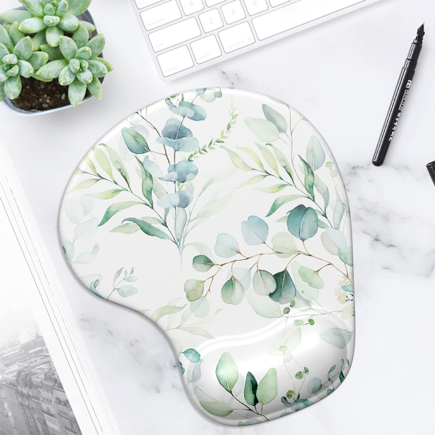 Ergonomic Mouse Pad with Gel Wrist Support Wrist Rest Smooth Surface Non-Slip PU Base Comfortable Office Supplies Pain Relief, 9.5 X 8 Inches, Leaves and Branches