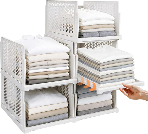5Pack Upgraded Stackable Pull Out Closet Drawers | Reinforced Plastic, Smooth Sliding Stackable Pull-Out Access, anti Tipping Foldable Storage Containers for Bedroom & Office
