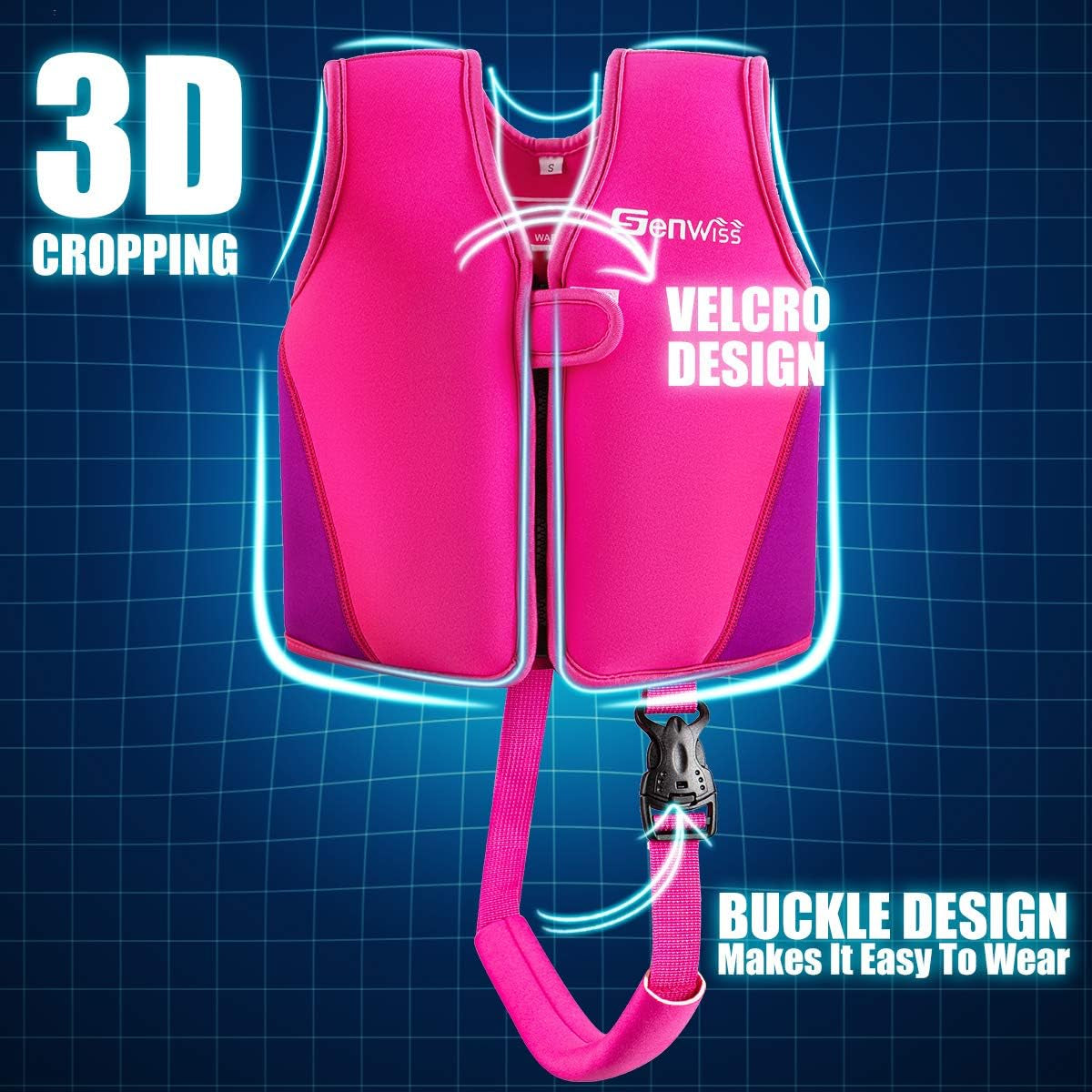 Baby Swim Vest for Toddlers 18 Months to 7 Years - Neoprene Swim Float Vest with Front Zipper, Swim Training Vest for Boys & Girls Learning to Swim in Pool, Blue Pink Small Medium Large