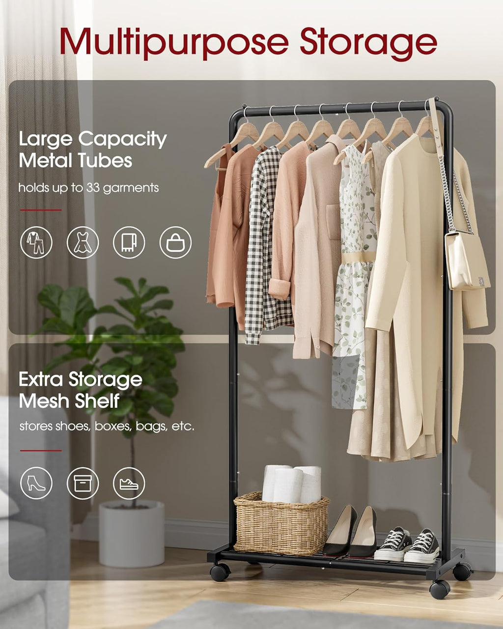 Clothes Rack - Clothing Rack with Storage Mesh Shelf & Casters, Heavy-Duty Metal Clothing Rack for Hanging Clothes, Dresses, Coats, Large Load Capacity, Easy Assembly, Black, 28.0"X16.9"X59.0"