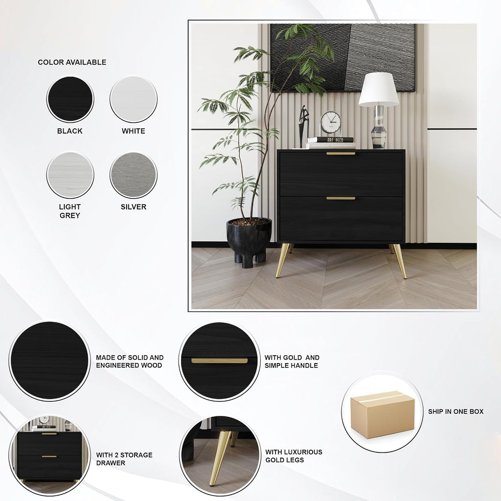 Modern Glam 2-Drawer Wooden Nightstand with Gold Metal Legs, Black