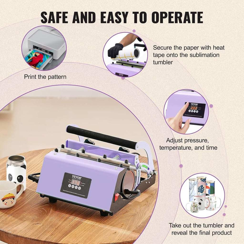 Tumbler Heat Press Machine, 11-30Oz Mug Press, Heat up Fast and Even, Tumbler Press with Sublimation Paper, Tape and Gloves, Temp and Time Setting, for Sublimation Tumblers, Cups, Mugs, Purple