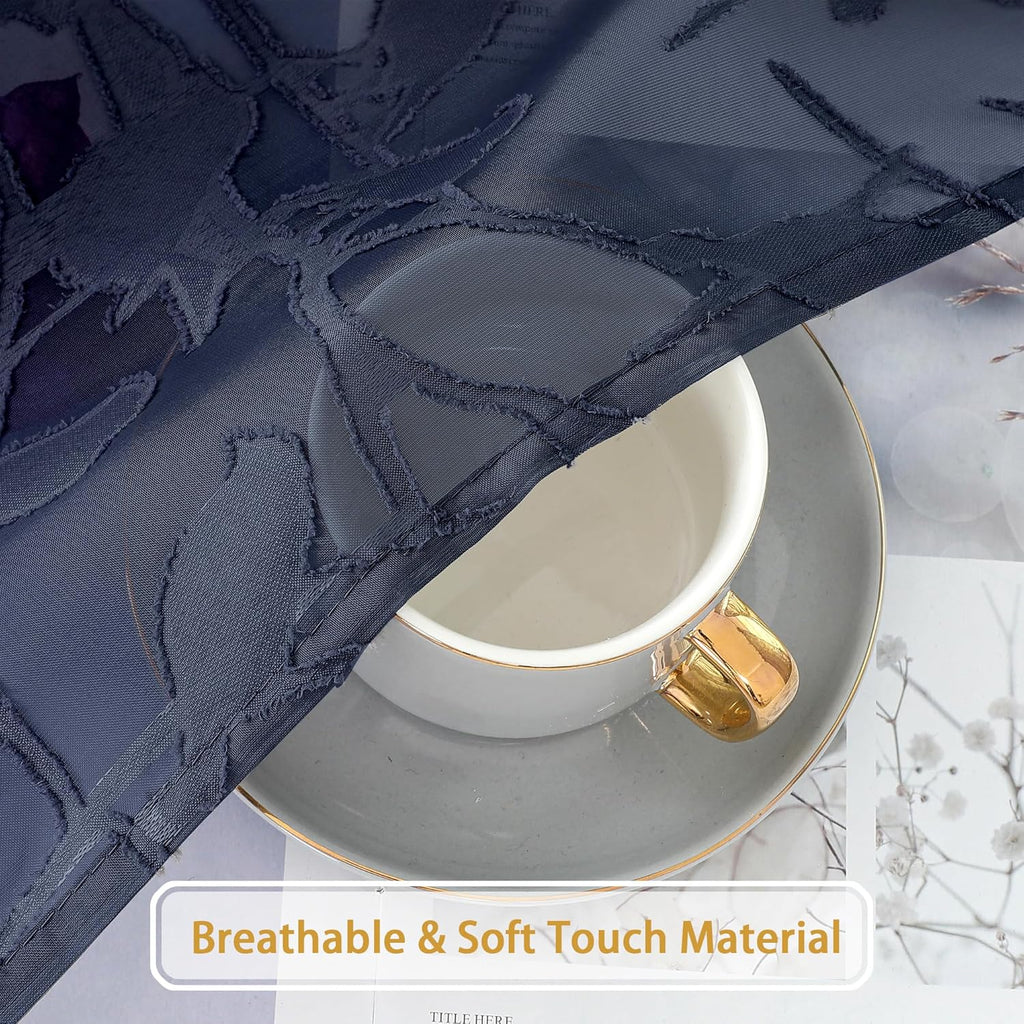 Textured Navy Blue Sheer Curtains 84 Inches Long 2 Panels Set, Light Filtering Leaf Bird Jacquard Voile Semi Sheer Curtains for Bedroom, Dual Rod Pocket Farmhouse Window Drapes, 2X38Wx84L Inches