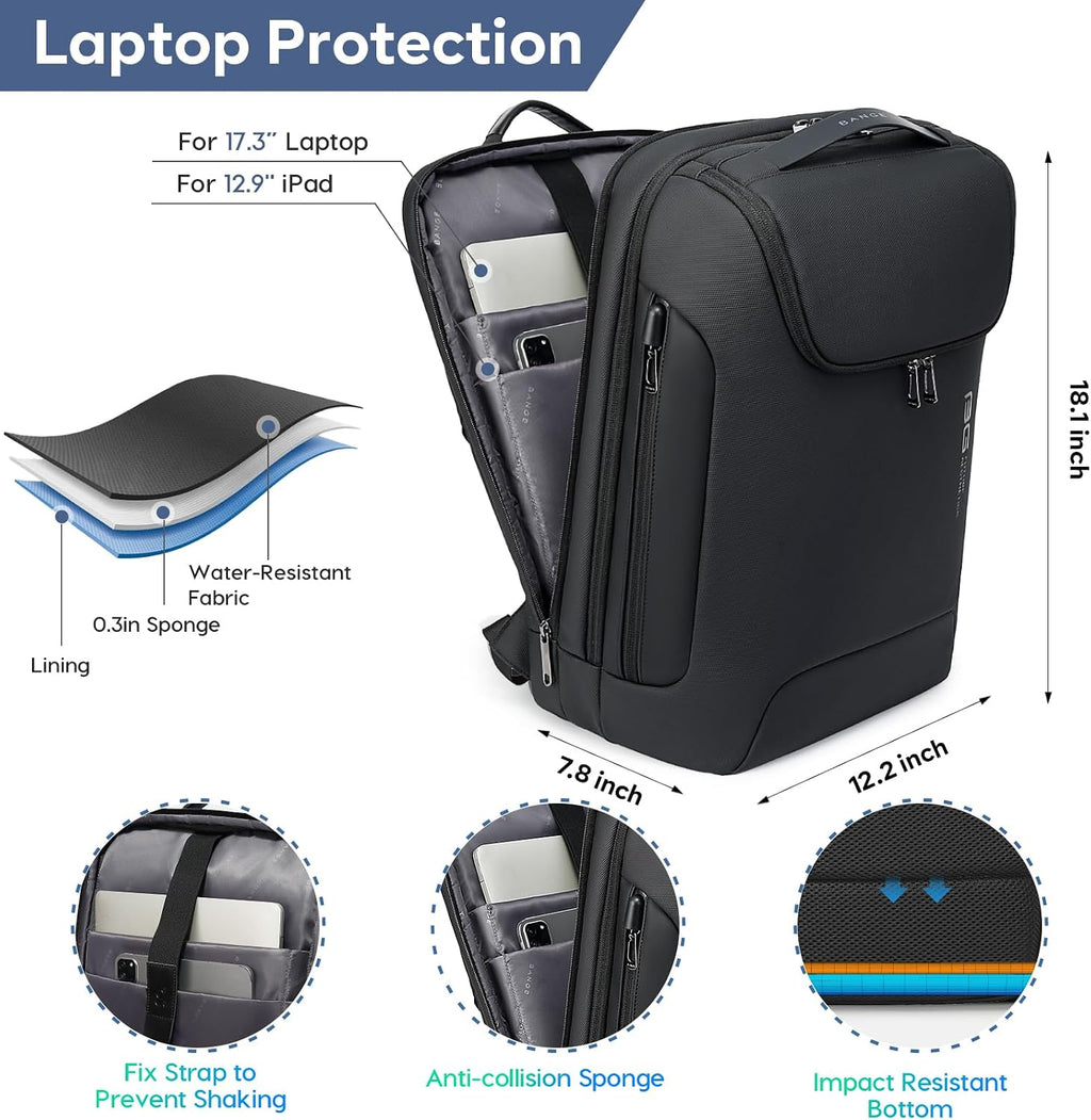 Men'S Laptop Backpack for 17.3Inch Notebook,Waterproof Fashion Travel Backpacks,High Tech Backpack with Water Bottle, Work Business Backpacks for Men and Women