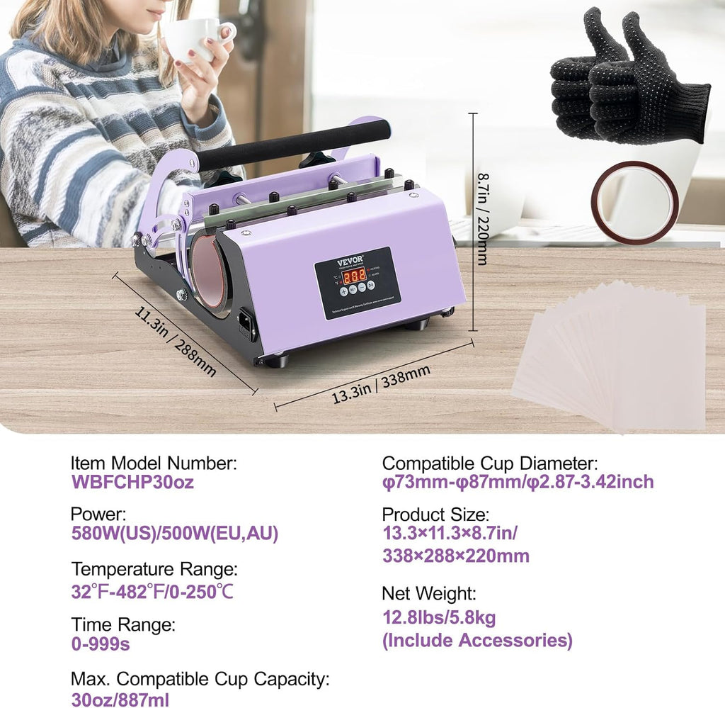 Tumbler Heat Press Machine, 11-30Oz Mug Press, Heat up Fast and Even, Tumbler Press with Sublimation Paper, Tape and Gloves, Temp and Time Setting, for Sublimation Tumblers, Cups, Mugs, Purple