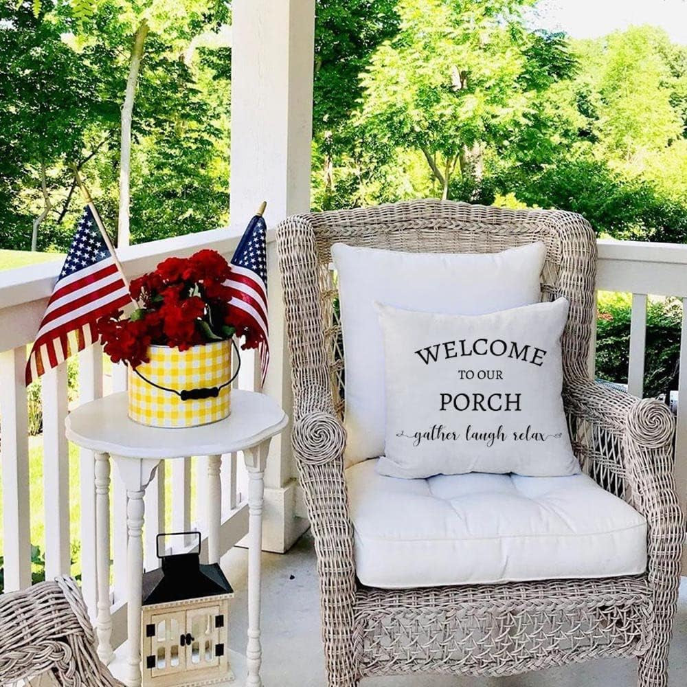 Outdoor Throw Pillow Covers 16X16 Inch Set of 2, Cream | Stay Awhile Welcome to Our Porch Decor, Farmhouse Decorative Throw Pillows Cases for Home Front Porch Patio Decorations