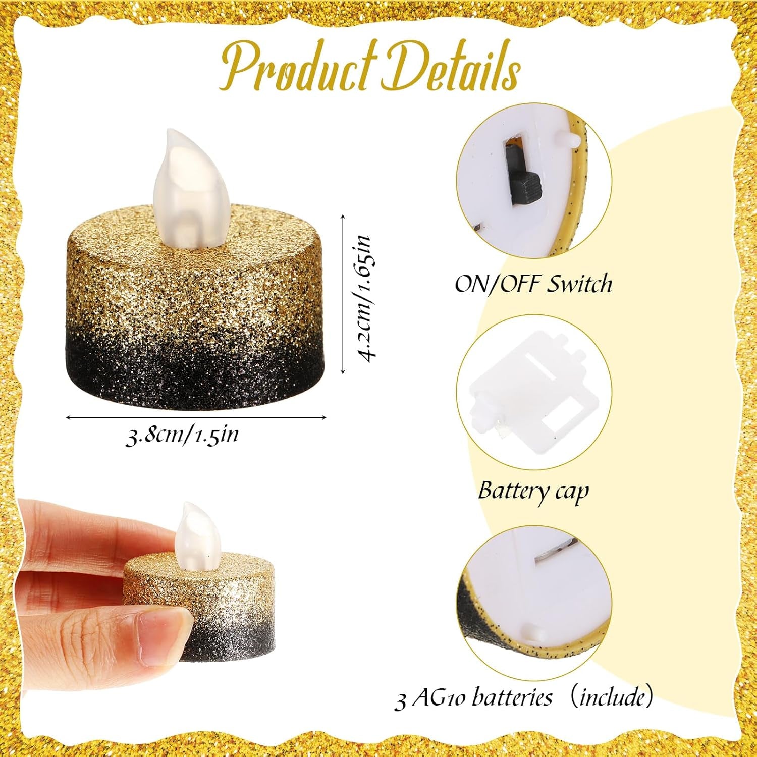 48 Pcs Flameless LED Tea Lights Gold Black Glitter Electric Fake Candles for Centerpieces Battery Operated Anniversary Decorations Romantic Winter Decor for Wedding Festival Christmas Birthday