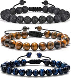 Mens Bracelet - Beaded Natural Stone 8Mm Tiger Eye Matte Agate Lava Rock Bracelets for Men Teen Boys Grandpa Dad Birthday Gifts Jewelry