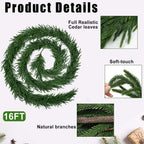 16FT Realistic Christmas Garland Pine Garland Real Touch Green Artificial Greenery Garland Artificial Pine Garlands,For Table Mantle Wall Indoor Outdoor Christmas All-Season Decorations