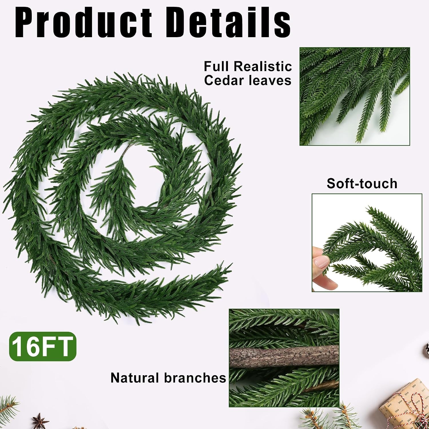 16FT Realistic Christmas Garland Pine Garland Real Touch Green Artificial Greenery Garland Artificial Pine Garlands,For Table Mantle Wall Indoor Outdoor Christmas All-Season Decorations