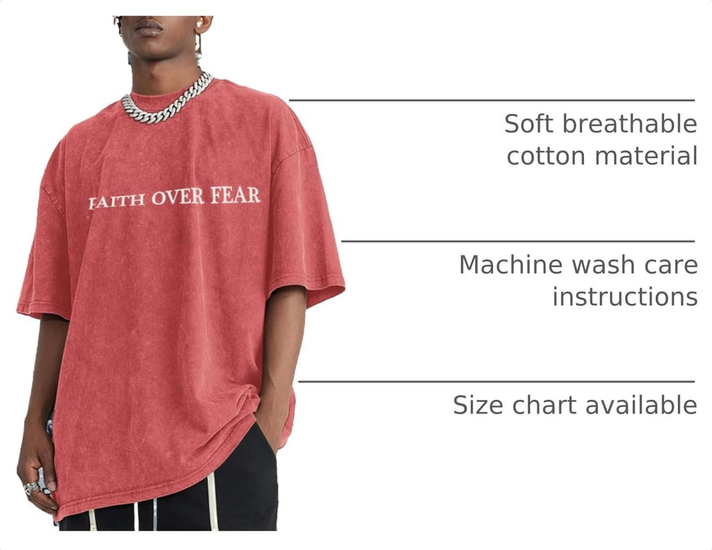Christian Faith over Fear Shirt for Men Jesus Religious Shirts Oversized Graphic Tees Acid Wash God T-Shirt