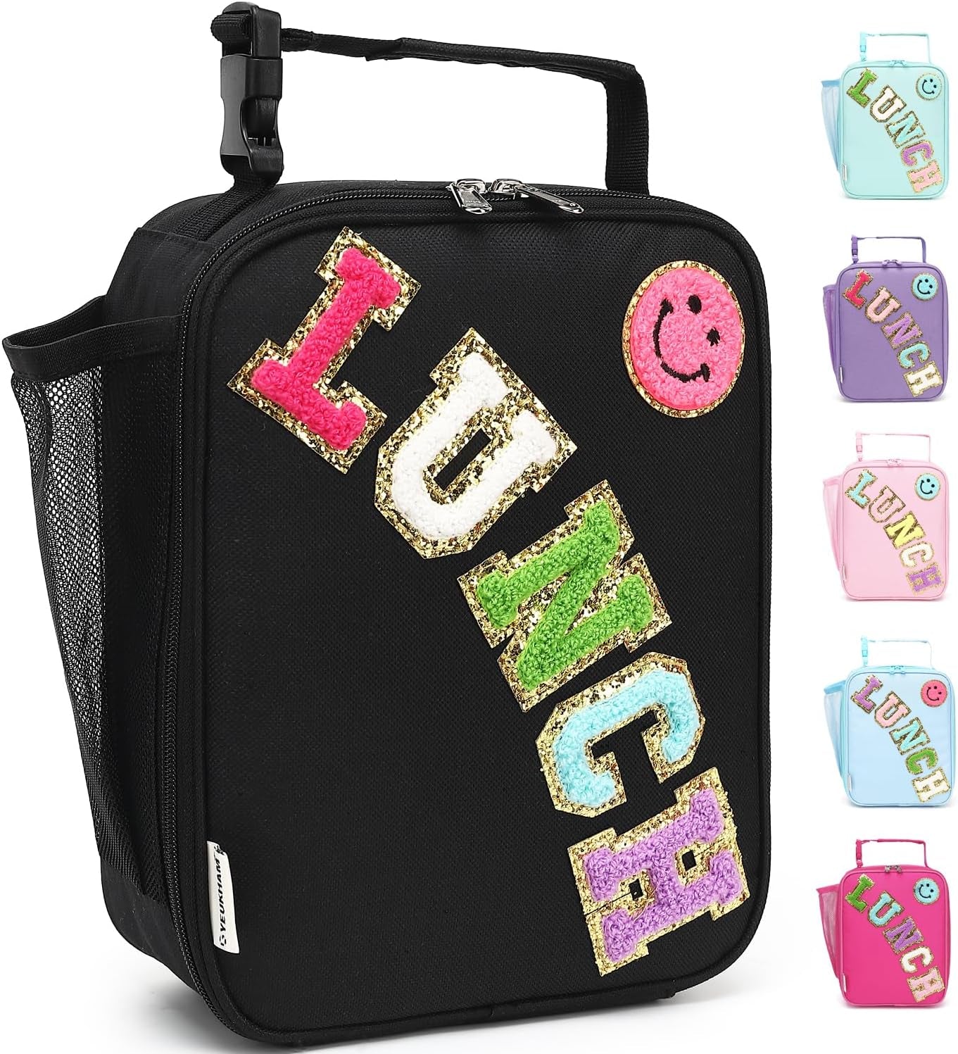Lunch Box Insulated Soft Bag Mini Cooler Back to School Thermal Meal Tote Kit with Buckle and Mesh Side Pocket for Girls, Boys, Blackwithletter
