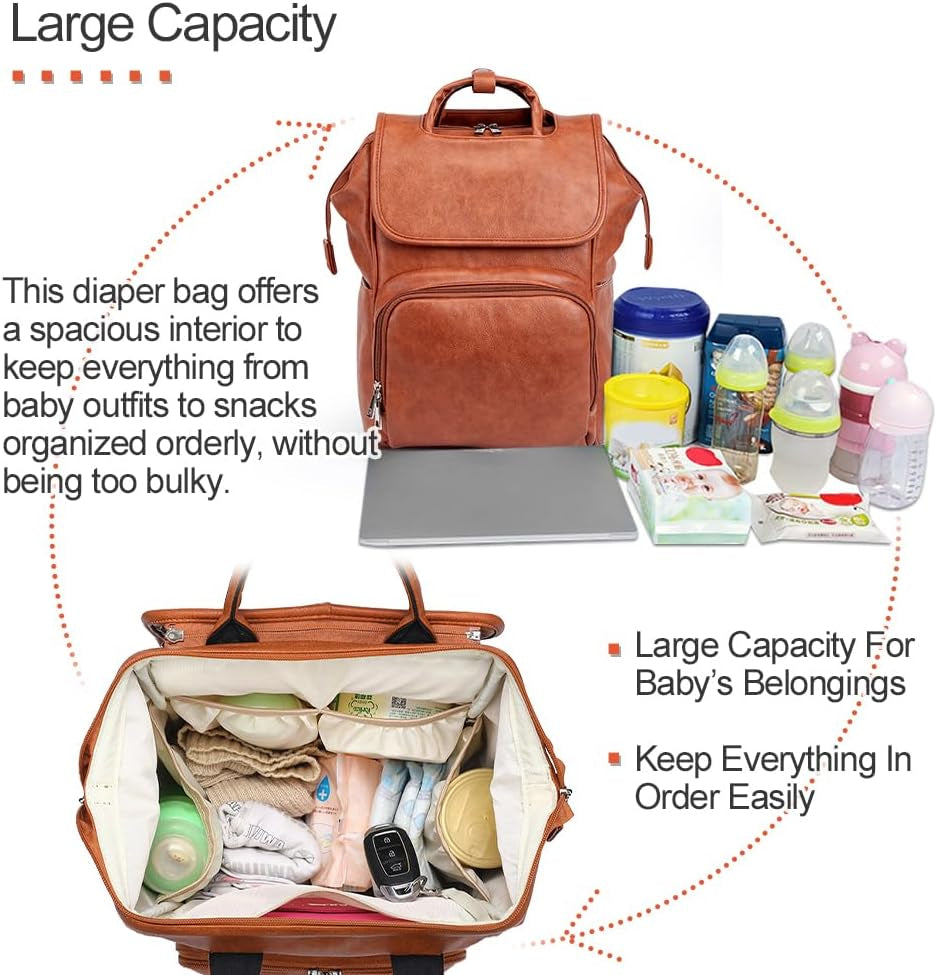 Leather Diaper Bag Backpack with Changing Mat | Travel Backpack Waterproof & Insulated Large Nappy Bag Stroller Straps, 13.8X8X18 Inch (Pack of 1), Travel Backpacks