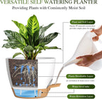 Self Watering Pots with Drainage Holes, 3 Pack 12/10/8 Inch Plant Pots with Water Level Indicator Deep Reservoir, Large Plastic Planter for Indoor Outdoor Plants - White Brown
