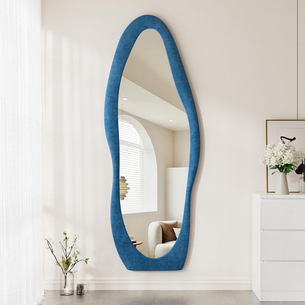 Irregular Wavy Mirror - Full Length Wall Mirror, Standing or Hanging for Bedroom (Blue, 63"X24")