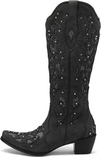 Black Cowgirl Boots for Women Cowboy Boots Western Boots Chunky Heel Pointed Toe Pull on Rhinestones Knee High Boots