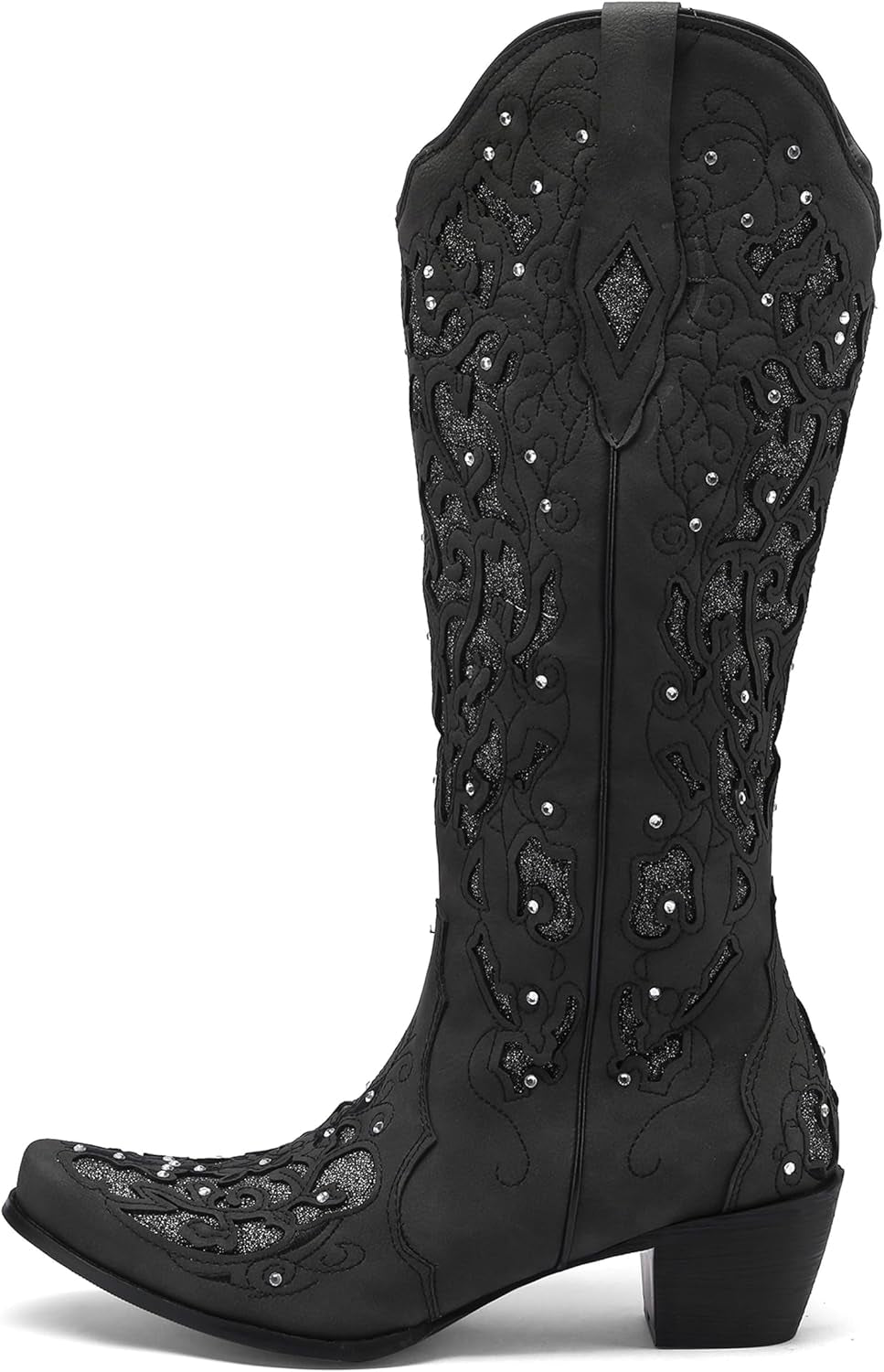 Black Cowgirl Boots for Women Cowboy Boots Western Boots Chunky Heel Pointed Toe Pull on Rhinestones Knee High Boots