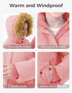 Girls' Waterproof Winter Coat Long Puffer Jacket Warm Parka Hooded | 5000Mm Waterproof,Removable Faux Fur Hood,Fleece-Linning,Snap Pockets,Machine Washable