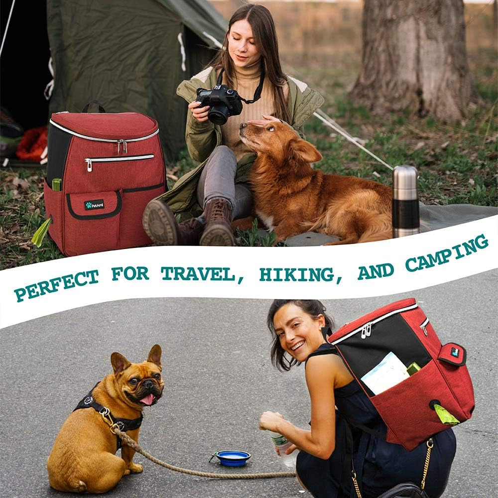 Dog Travel Backpack 27L Airline Approved Pet Supplies Bag, Red | Cat Traveling Suitcase Organizer for Weekend Road Trip Camping; 2 Food Containers, 2 Collapsible Bowls & Poop Bag Dispenser