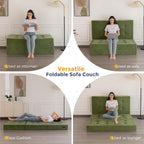 6" Folding Sofa Bed for Floor, Tufted Tri-Fold Floor Mattress with Chenille Fabric, Twin Size Portable Sofa Couch Guest Mat for Adults, Foldable Topper for Camping, Green, 35.4"X75"