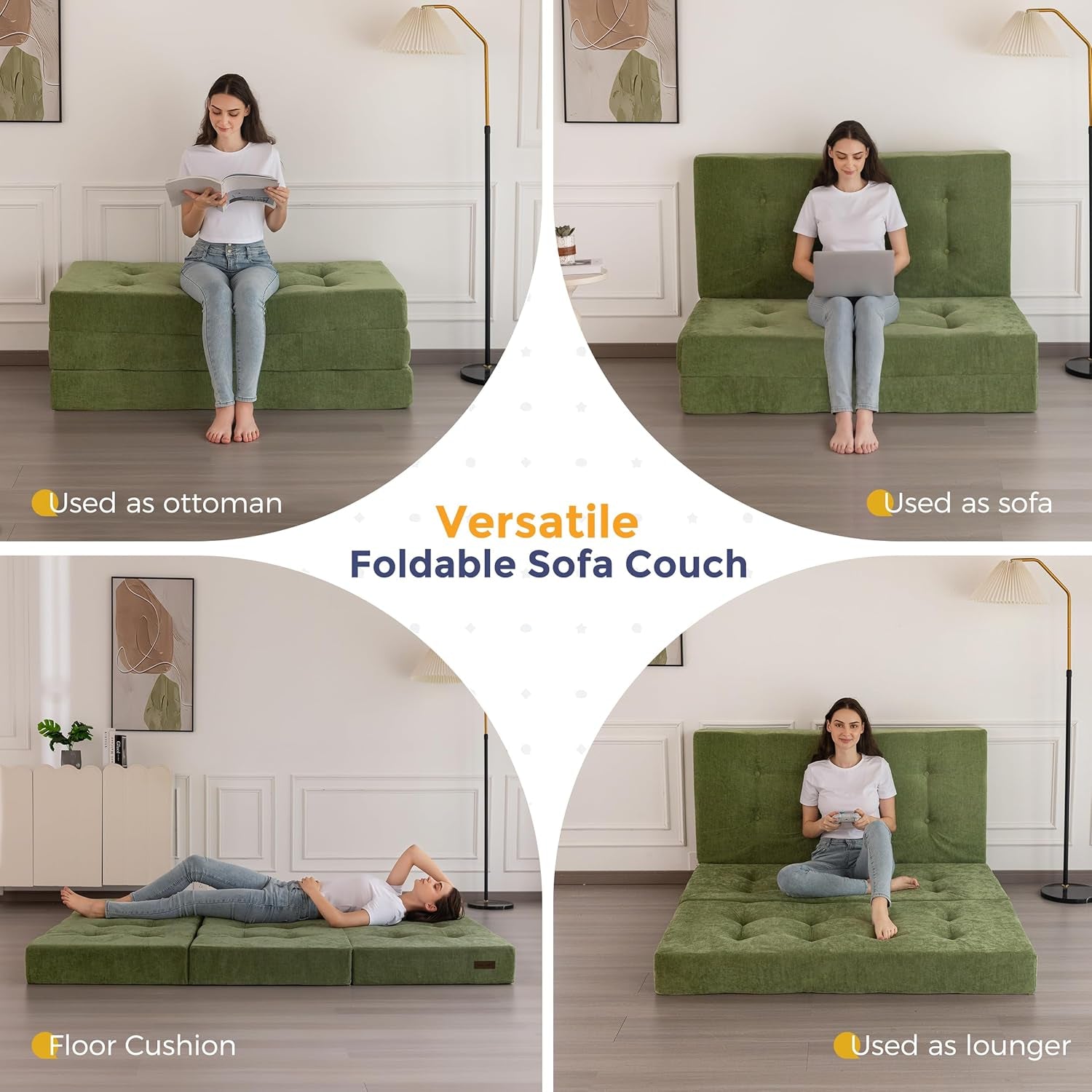 6" Folding Sofa Bed for Floor, Tufted Tri-Fold Floor Mattress with Chenille Fabric, Twin Size Portable Sofa Couch Guest Mat for Adults, Foldable Topper for Camping, Green, 35.4"X75"