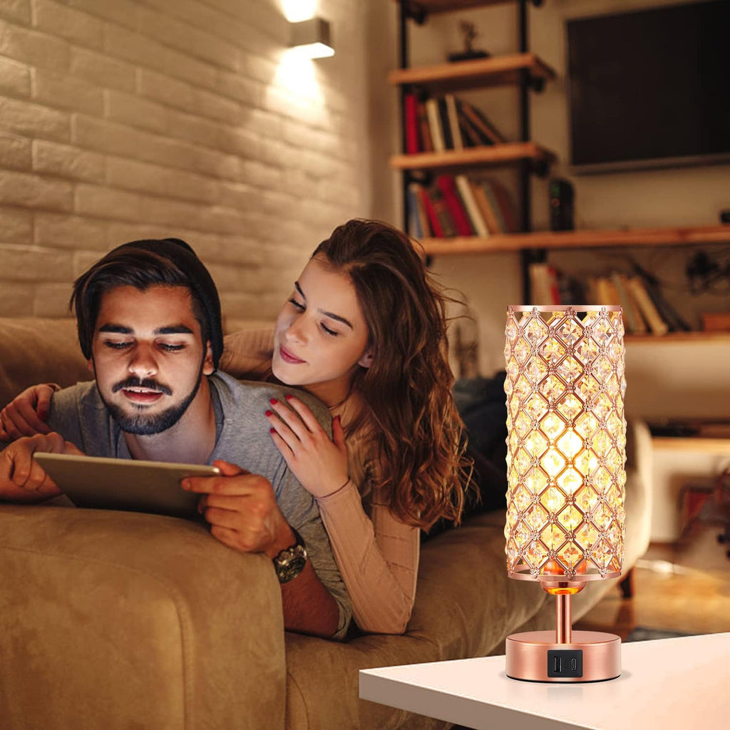 Pink Crystal Table Lamp, 3 Way Dimmable Touch Lamps for Night Stands | Rose Gold, Touch Control, USB C+A Charging Port, Desk Lamps for Girls Bedroom, Living Room, Home Office, Room Decor