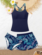 Girls Swimsuit 3 Piece Bathing Suits for Girls Tankini Sets with Print Shorts Crossback Teen Girl Swimwear 9-16Y
