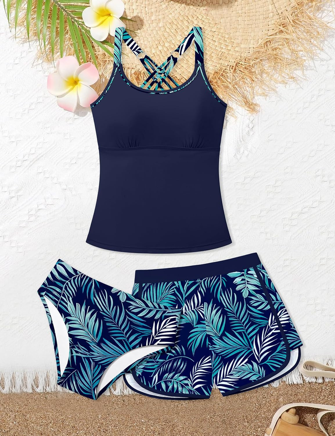 Girls Swimsuit 3 Piece Bathing Suits for Girls Tankini Sets with Print Shorts Crossback Teen Girl Swimwear 9-16Y