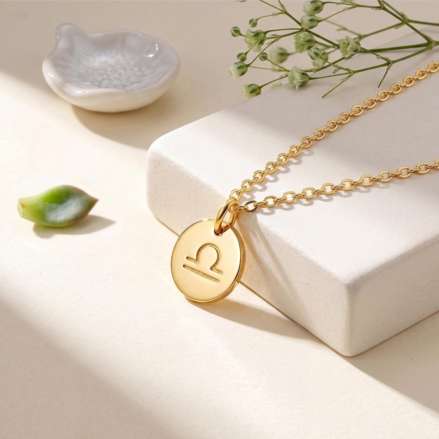 Constellation Necklace Pendant 14K Gold-Plated Hammered round Disc Engraved Zodiac Sign Pendant 17.5’’ Adjustable Dainty Necklace