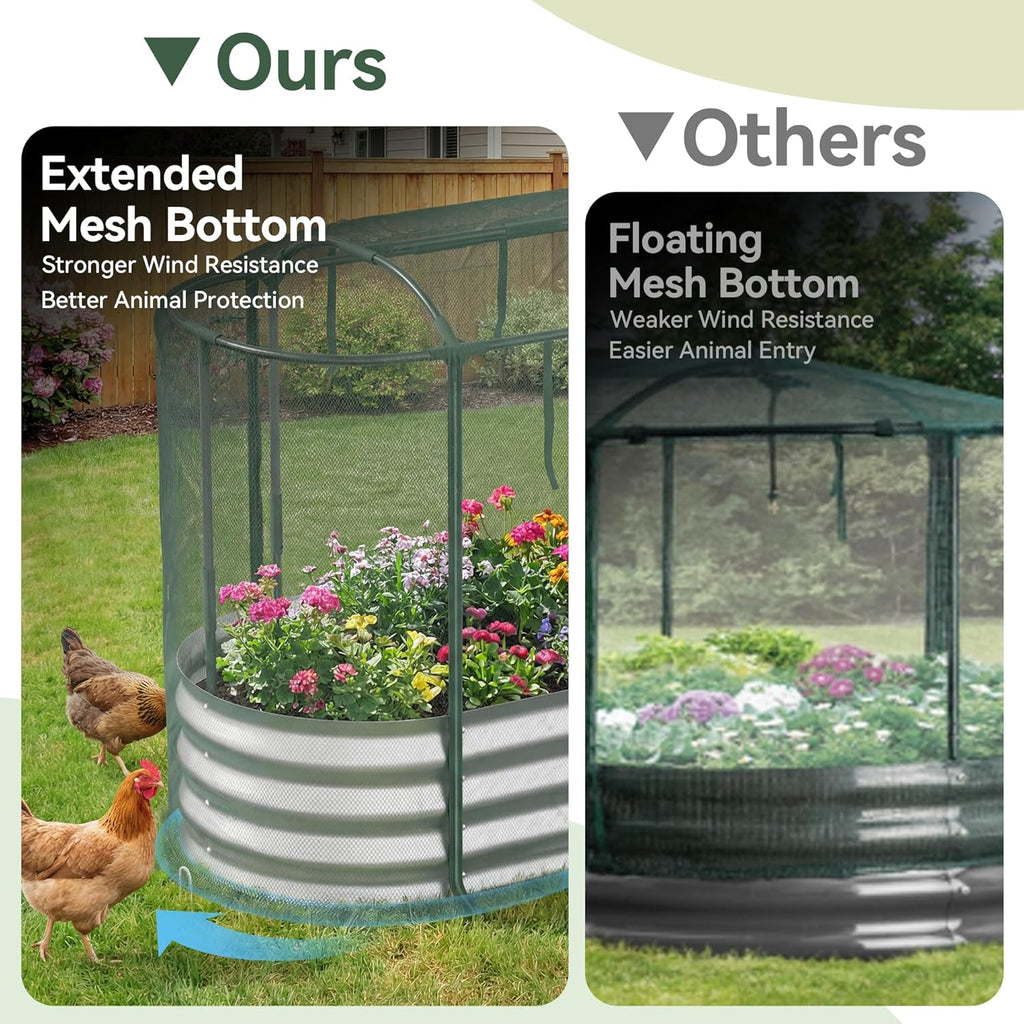Raised Garden Bed with Self-Watering System, 4X2X1 Ft Elevated Planter Boxes Outdoor with Mesh Cover, Oval Galvanized Raised Beds for Gardening,Vegetables,Flowers, Backyard, Patio