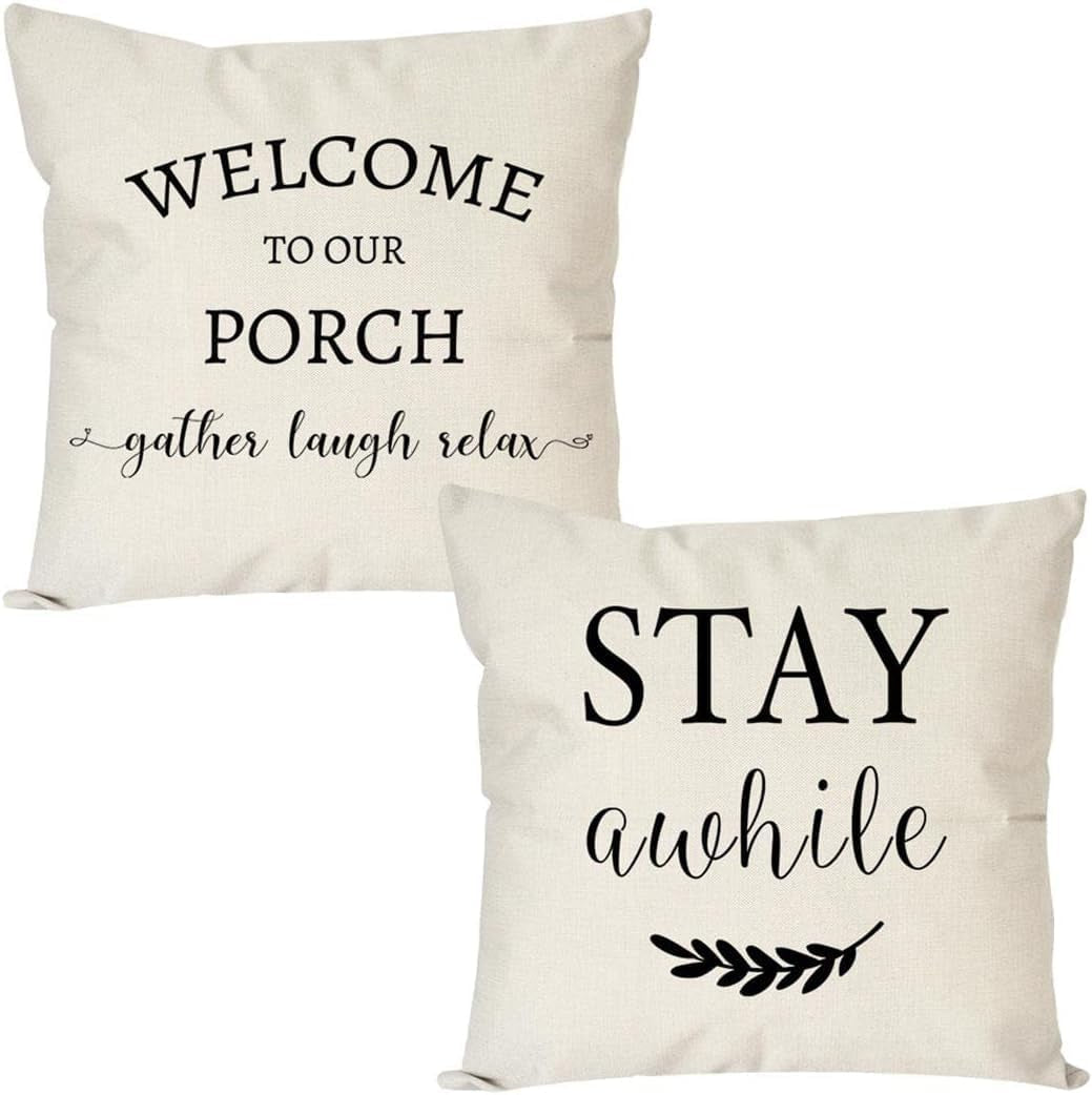 Outdoor Throw Pillow Covers 16X16 Inch Set of 2, Cream | Stay Awhile Welcome to Our Porch Decor, Farmhouse Decorative Throw Pillows Cases for Home Front Porch Patio Decorations
