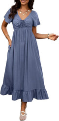 Womens Summer Dresses 2026 Wedding Guest Maxi Dress | Short Sleeve, V Neck, Drawstring,A-Line,Loose Fit,Solid,Cocktail,Party,Boho Beach Long Dress,Prom,Beach Vacation Clothes