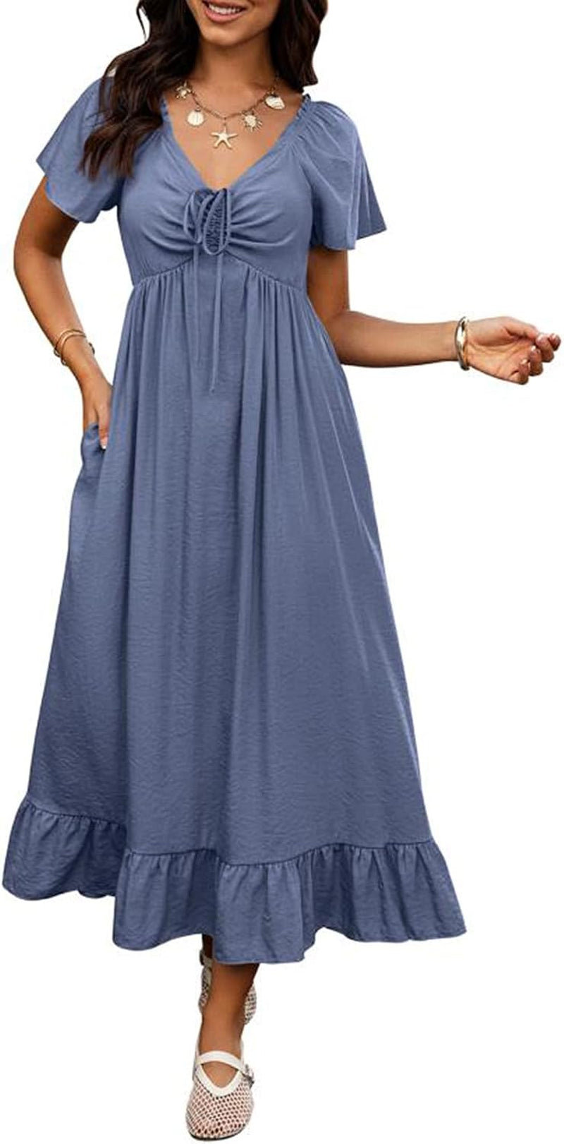 Womens Summer Dresses 2026 Wedding Guest Maxi Dress | Short Sleeve, V Neck, Drawstring,A-Line,Loose Fit,Solid,Cocktail,Party,Boho Beach Long Dress,Prom,Beach Vacation Clothes