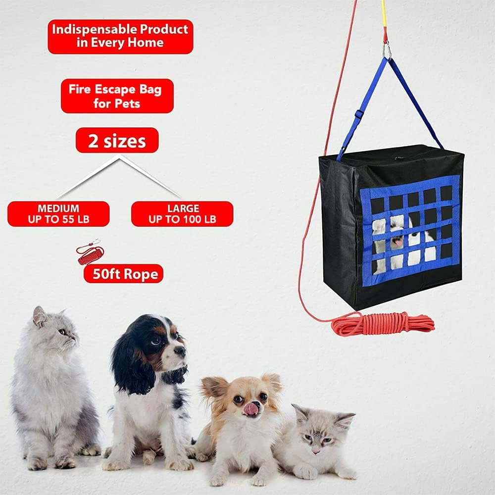 Fire Emergency Escape Bag for Pets up to 100 Pounds - Rope 50Ft Incl. - Safety Equipment Carrier - Rapid Rescue Bag for Pets Animals (Large 28"X21"X14") - Life-Saving Tool for Dogs, Cats - Rescue Sack
