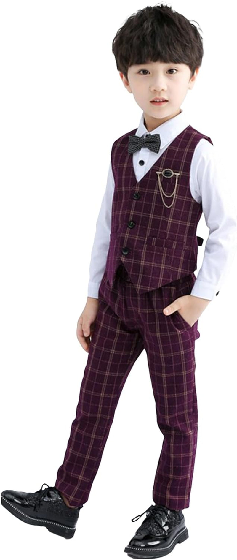 Boys Vest Pants Set Plaid Dress Suit with Shirt Kids Tuxedo Formal Wedding Ring Bearer Outfit