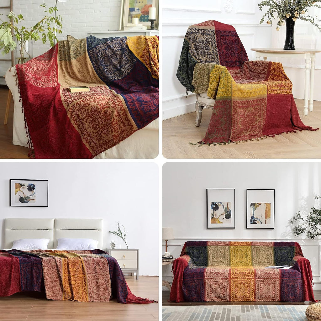 Boho Throw Blanket, Chenille Jacquard Tassels Throw Blankets for Bed Couch Soft Chair， Bohemian Fringe Tassels (Red, S:60X75