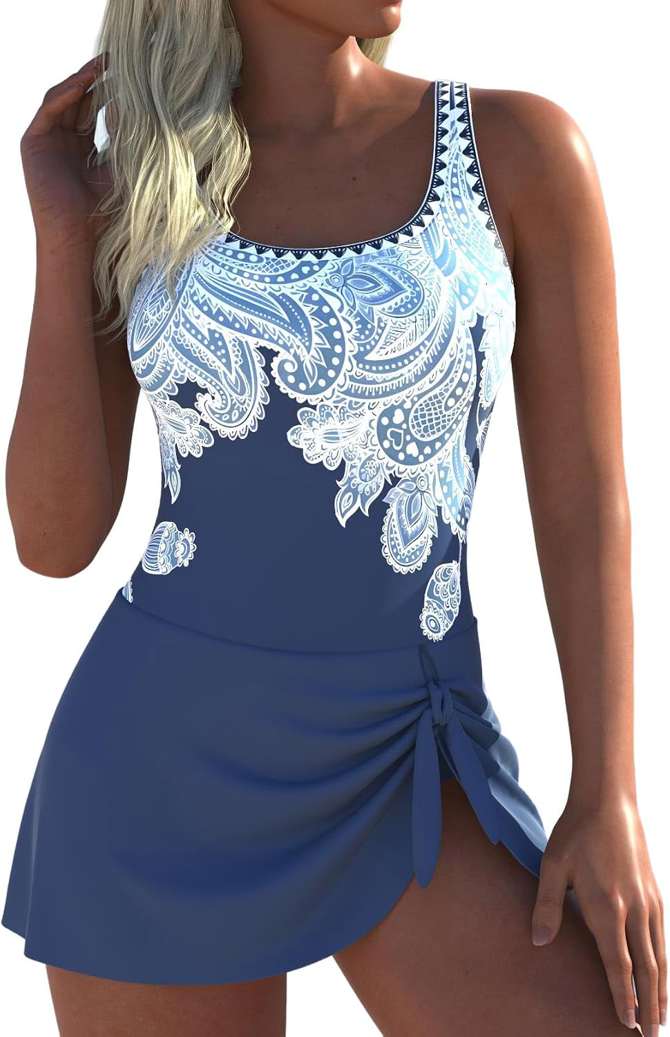 Womens Multiway One Piece Swimsuits Tummy Coverage Bathing Suits | Moderate Coverage Swimdress, Scoop Neck, Adjustable Straps, Removable Padding, Exquisite Prints, Perfect for Beach & Vacation