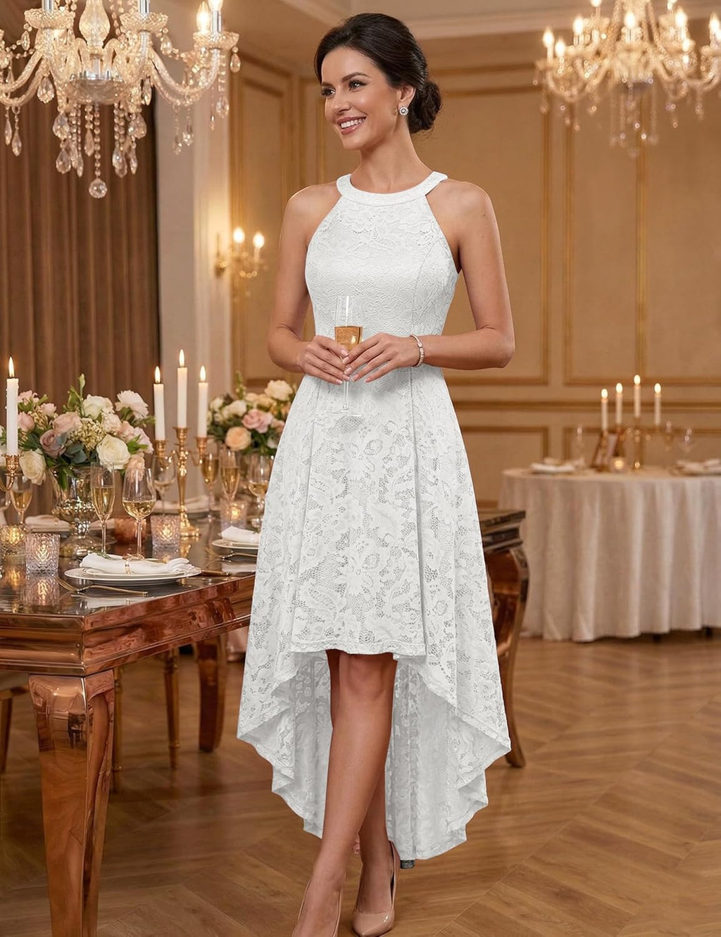 Women Halter Lace Hi Lo Wedding Guest Cocktail Formal Dress | Bridesmaid Wedding Dresses,Sleeveless,Halter Top Neckline,High Low Hem,Elegant a Line Design,Soft Floral Lace Party Dress