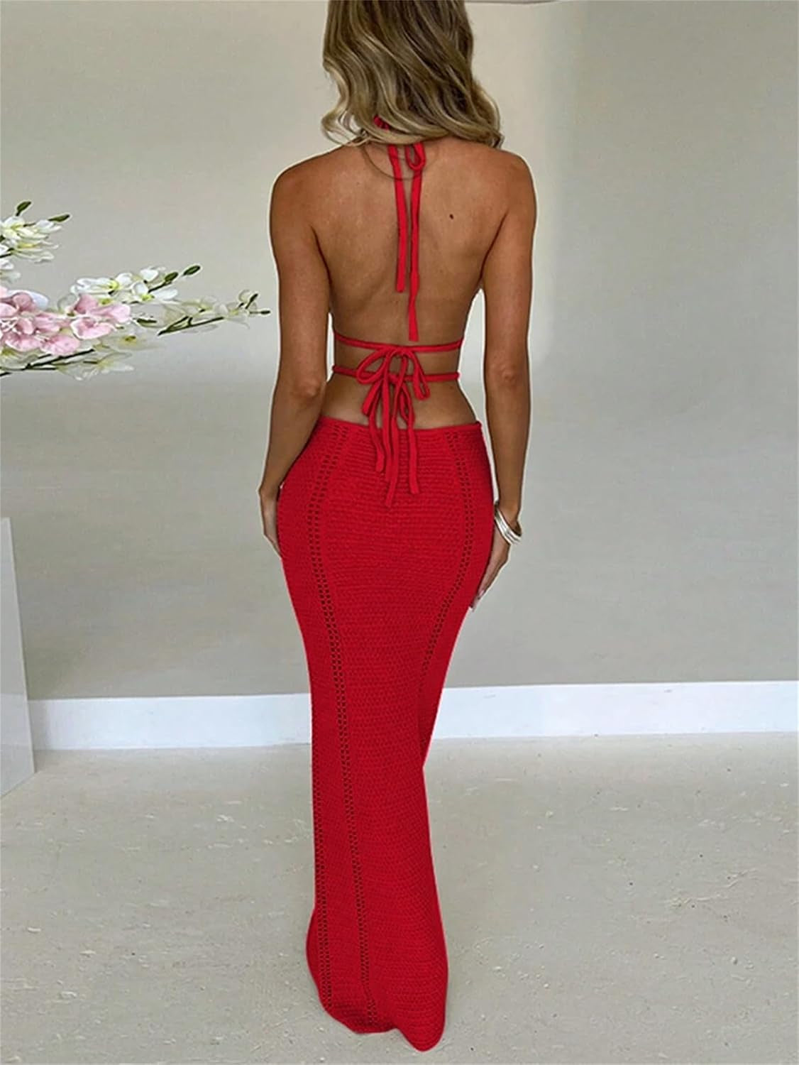 Women Sexy Crochet Maxi Dress Cut Out Halter V Neck Backless Knit Bodycon Long Dress Summer Beach Evening Party Dresses