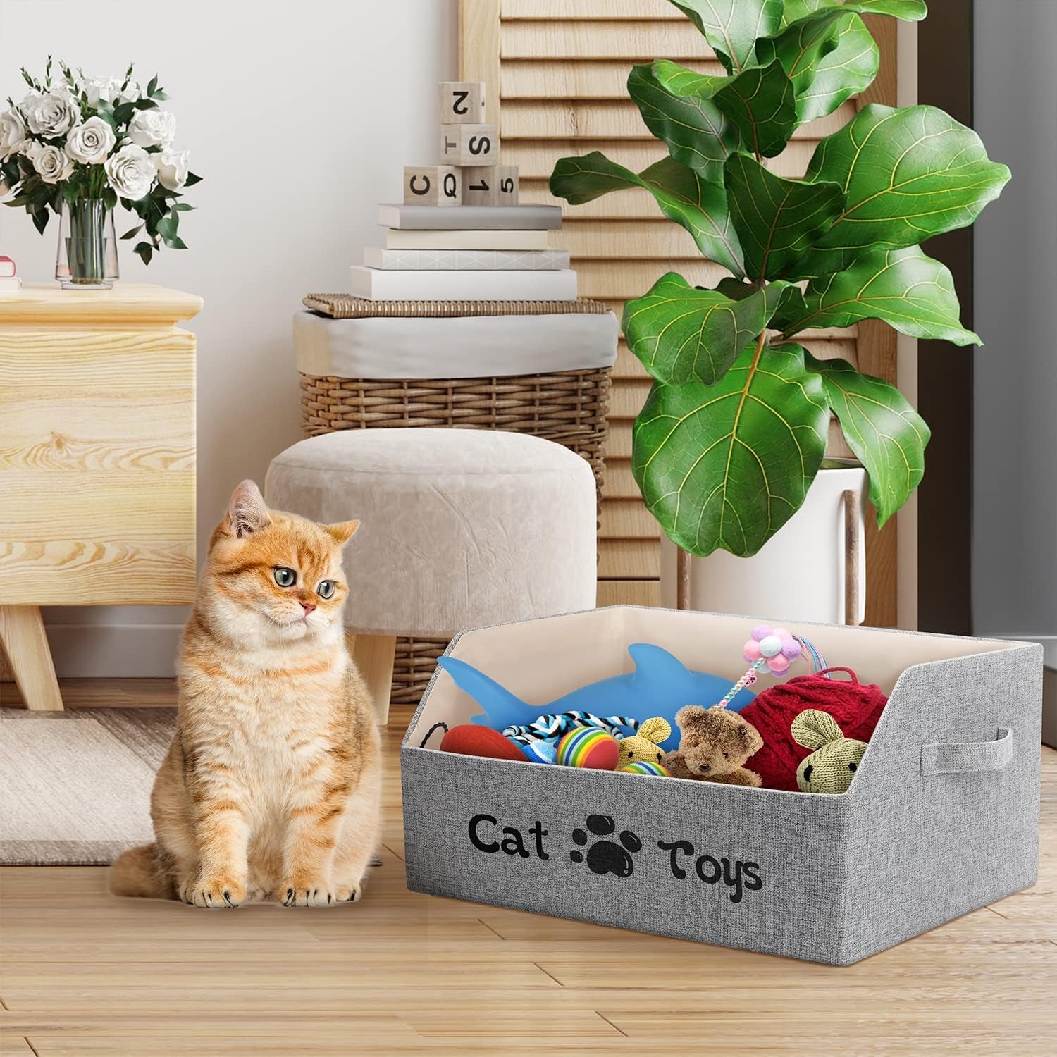 2X Thicker Large Cat Toy Bin Collapsible Cat Toy Box Sturdy Cat Toy Basket Kitten Toy Storage Bed for Organizing Cat Toys Treats Clothes and Accessories (Grey)