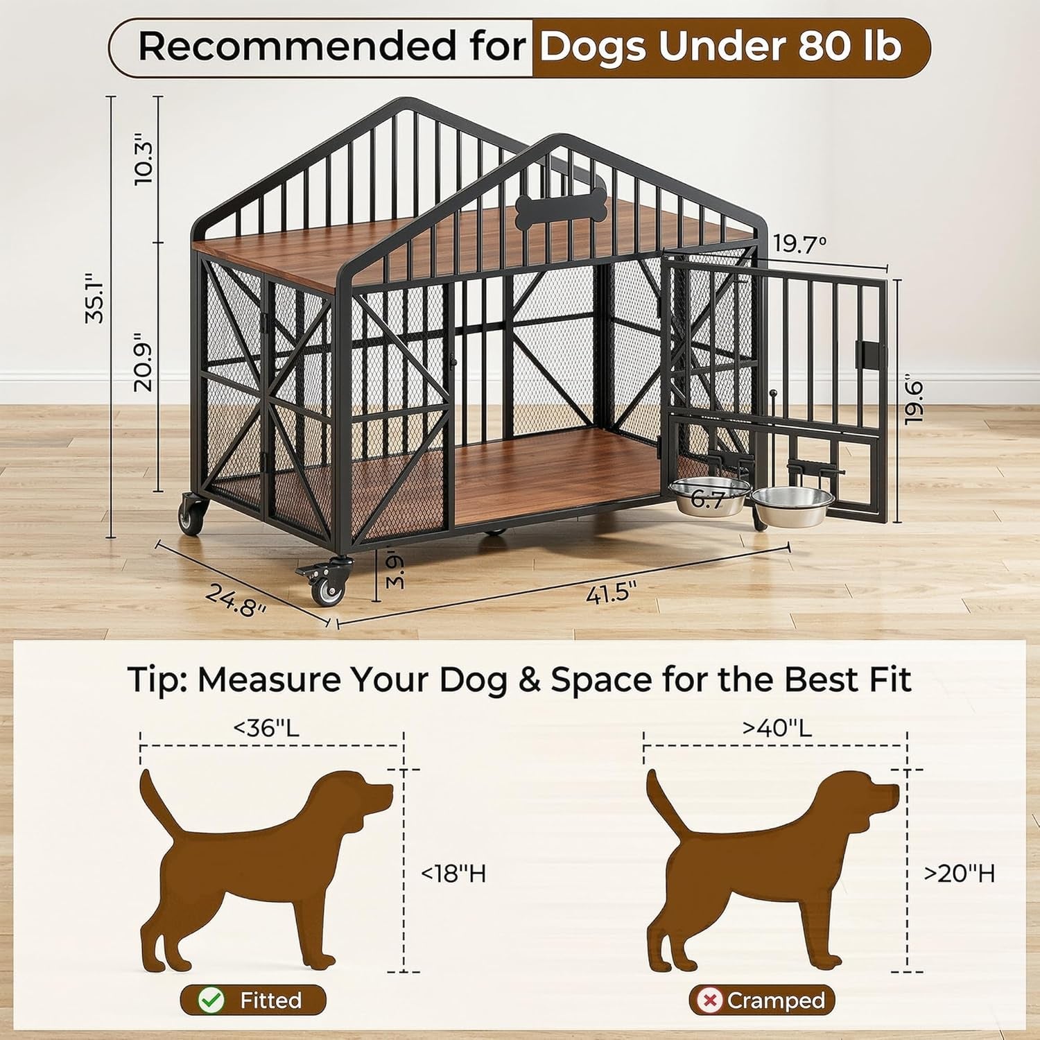 41.5" Foldable Dog Crate Furniture with 5 Wheels & Rotating Bowls | No Assembly. Foldable Frame. 5-Wheel Base. 2 Rotating Bowls. for Small/Medium Dogs. 41.5"L X 24.8"W X 35.1"H. Rustic Brown.