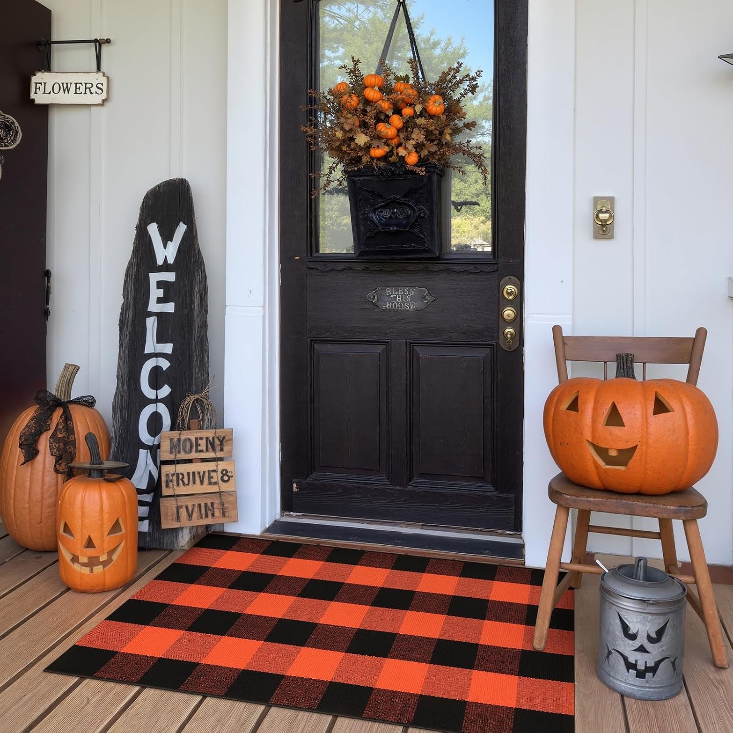 Halloween Buffalo Plaid Outdoor Rug, Fall Decor Front Porch Rug | 2'4" X 3'7" Black and Orange Washable Thanksgiving Layered Door Mat, Cotton Woven Fall Entryway Rugs for Kitchen Patio